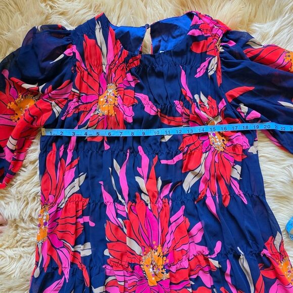 Trina Turk Silvery Dress Blue Floral With 3/4 Baloon Sleeves Small - Picture 6 of 6